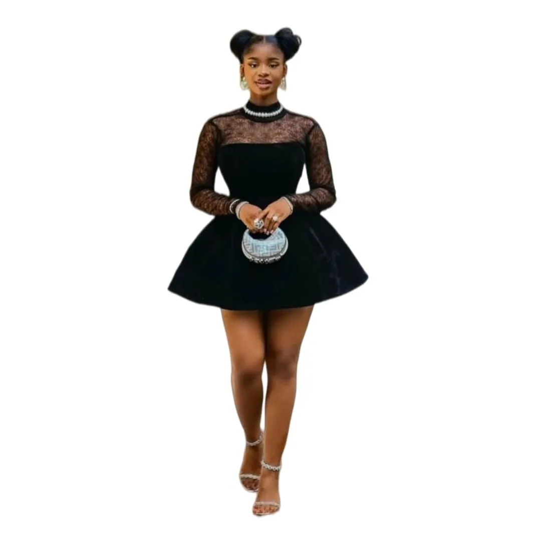 Petites robes noires pour femmes nigérianes, à manches longues, coupe trapèze, en dentelle, courtes,