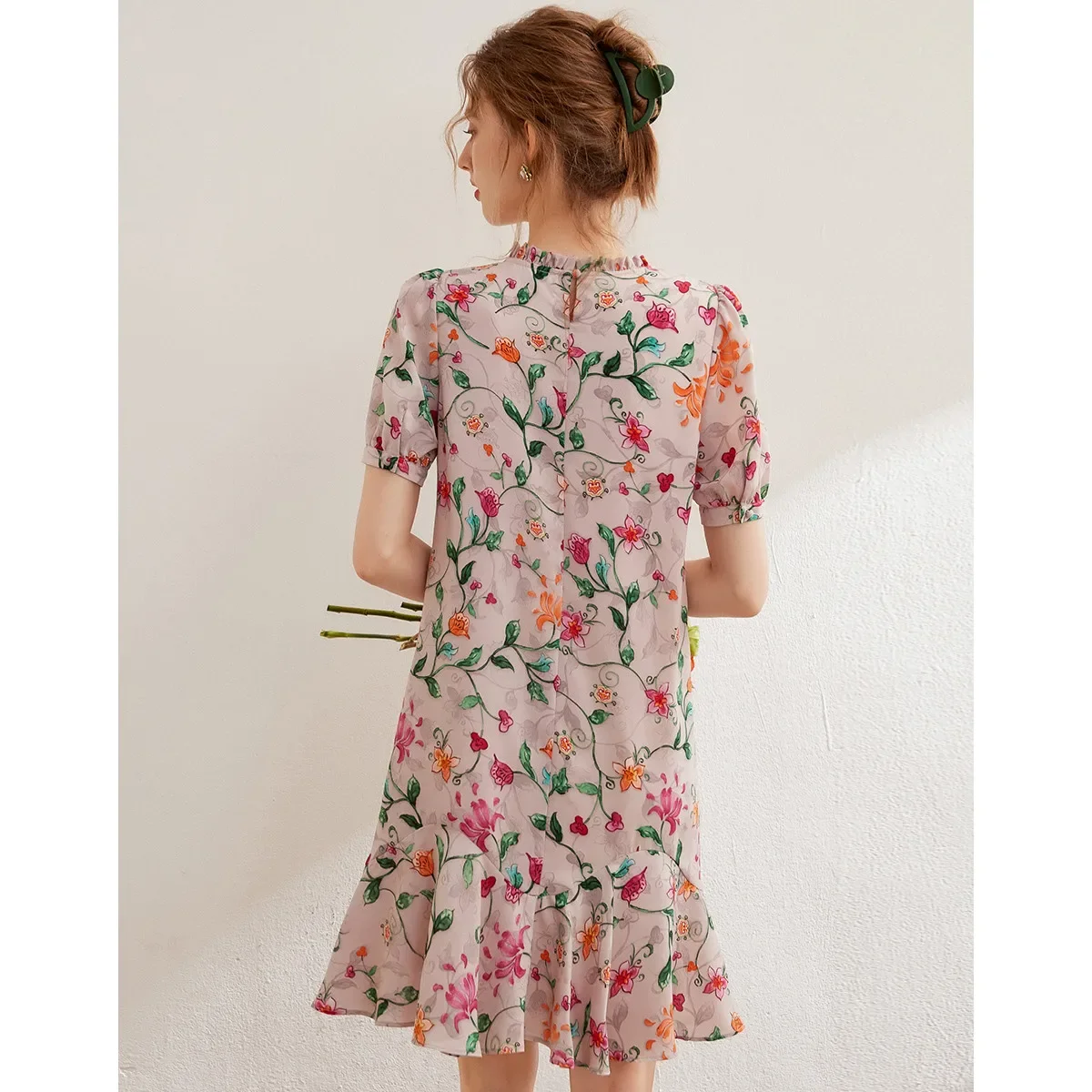 Modiis Yao-Robe florale brodée élégante, dentelle perlée, col rond, manches courtes, robe courte A-L