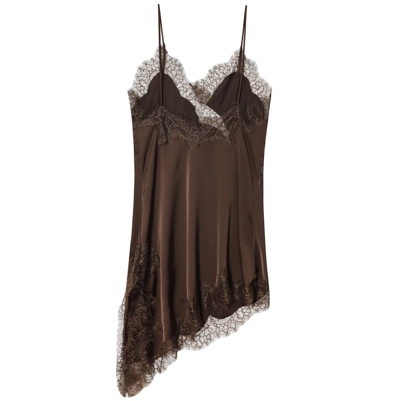 HXAO femmes robes dentelle asymétrique robe d'été 2025 Sexy robes de soirée dames Mini marron sans m