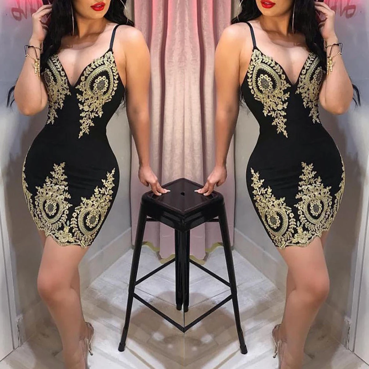 Robe de soirée d'été sexy, mini robe sans manches, coupe cintrée, col bas et dos licou
