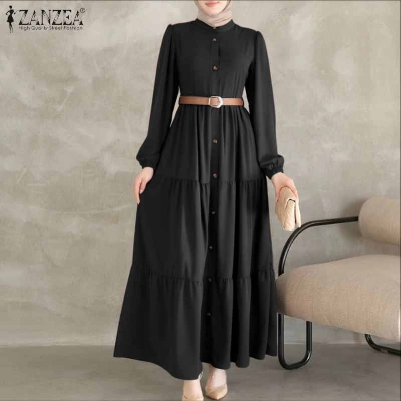 ZANZEA femmes automne robes 2025 mode musulmane Abaya Robe col rond à manches longues Robe plissée R