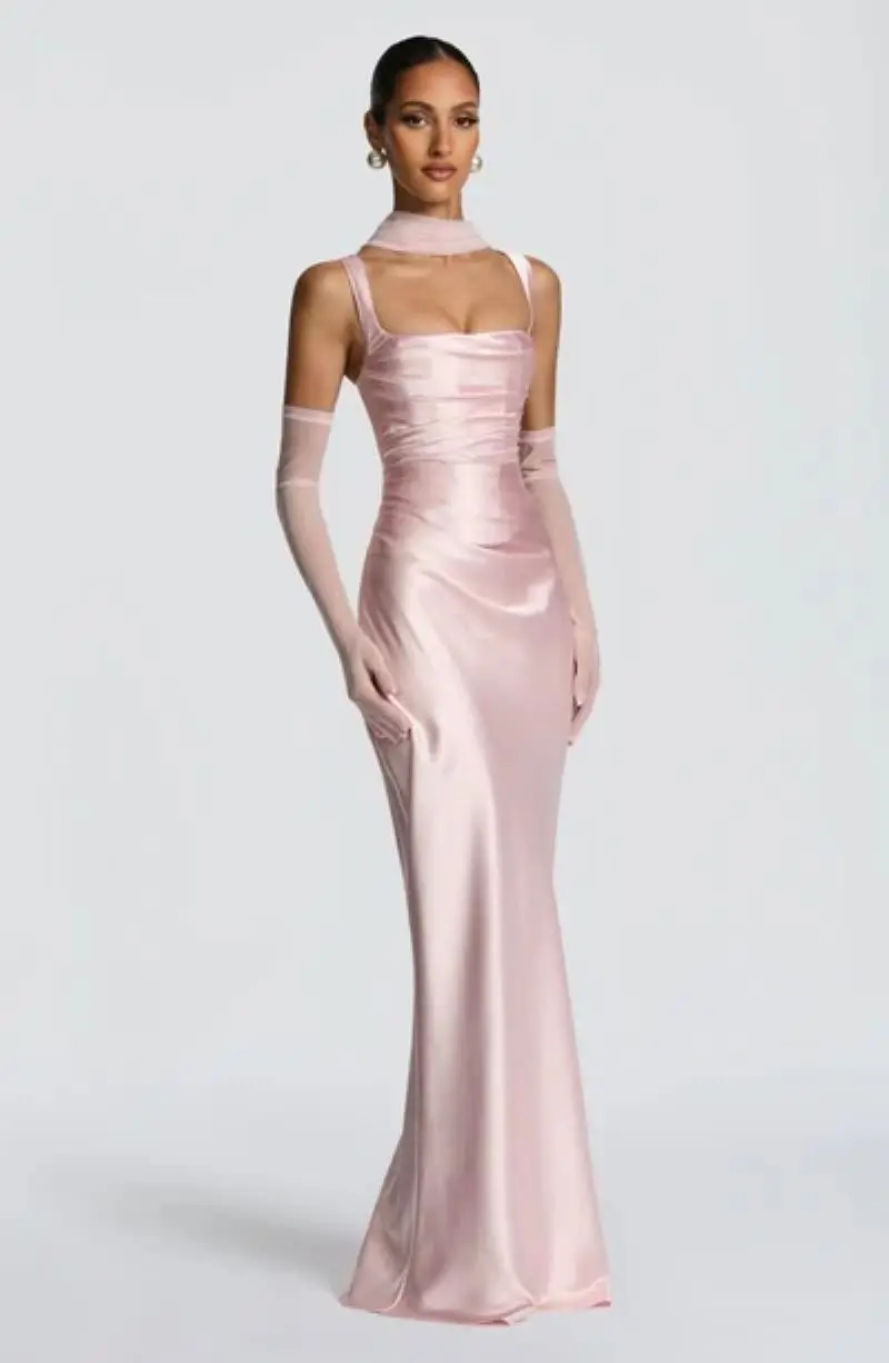 Robe longue en Satin sans bretelles, élégante, Corset vert, dos nu, rose, soirée, anniversaire, mari