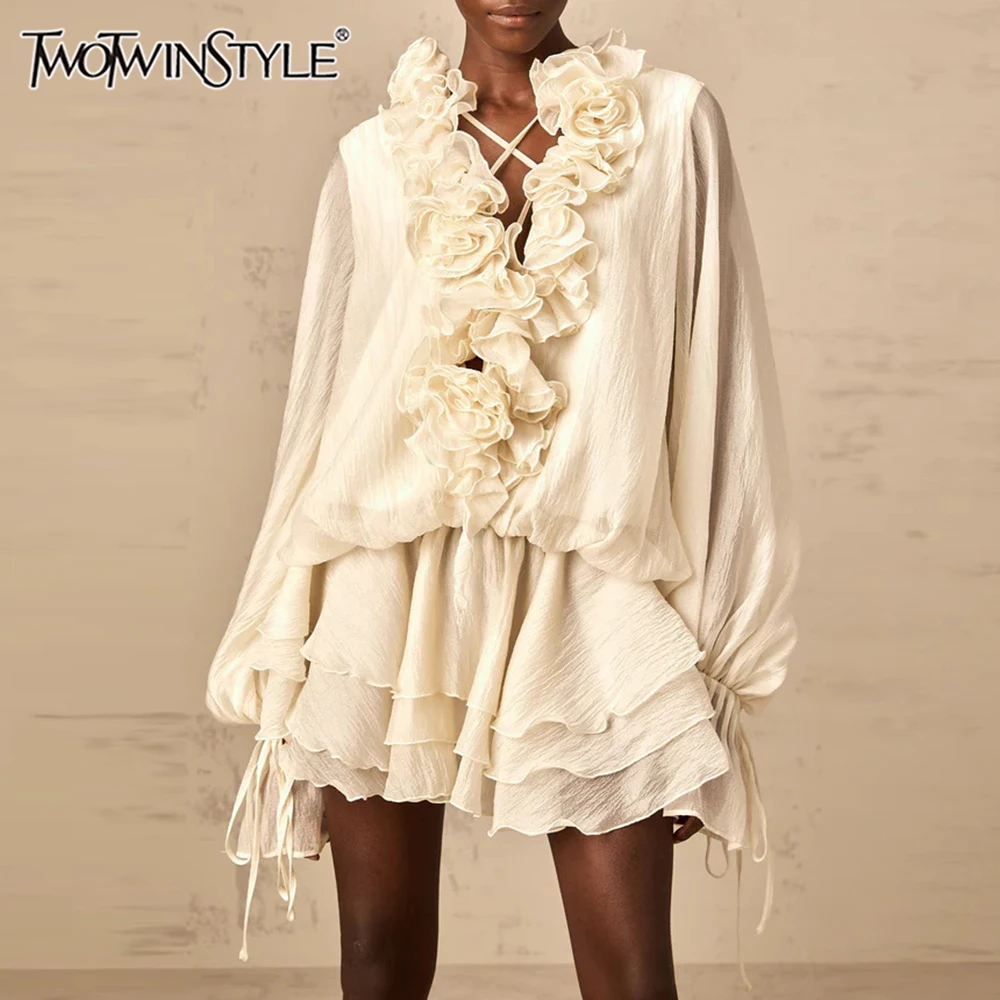 TWOTWINSTYLE – robe ample à fleurs 3D pour femmes, couleur unie, col en V, manches longues, Patchwor