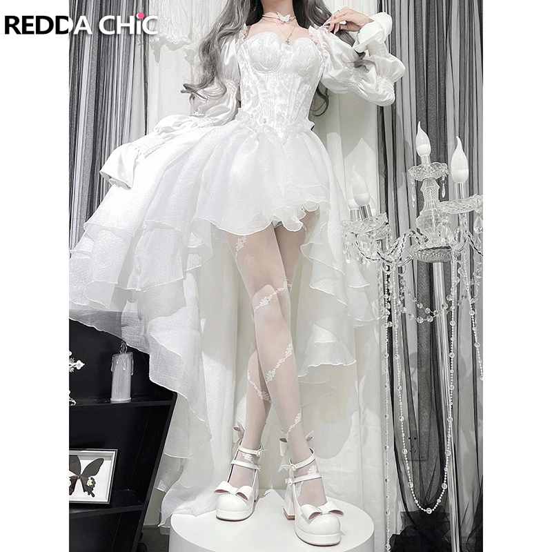 REDDACHiC Robe de soirée princesse pour femmes, broderie florale blanche, manches bouffantes, dos nu