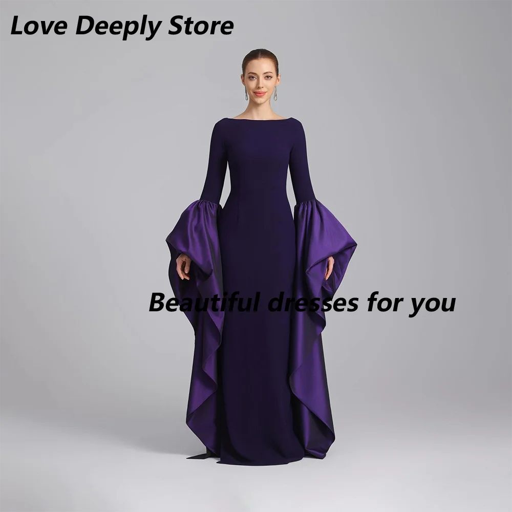 Robes de soirée formelles violettes personnalisées, col bateau, volants, manches longues, coupe droi