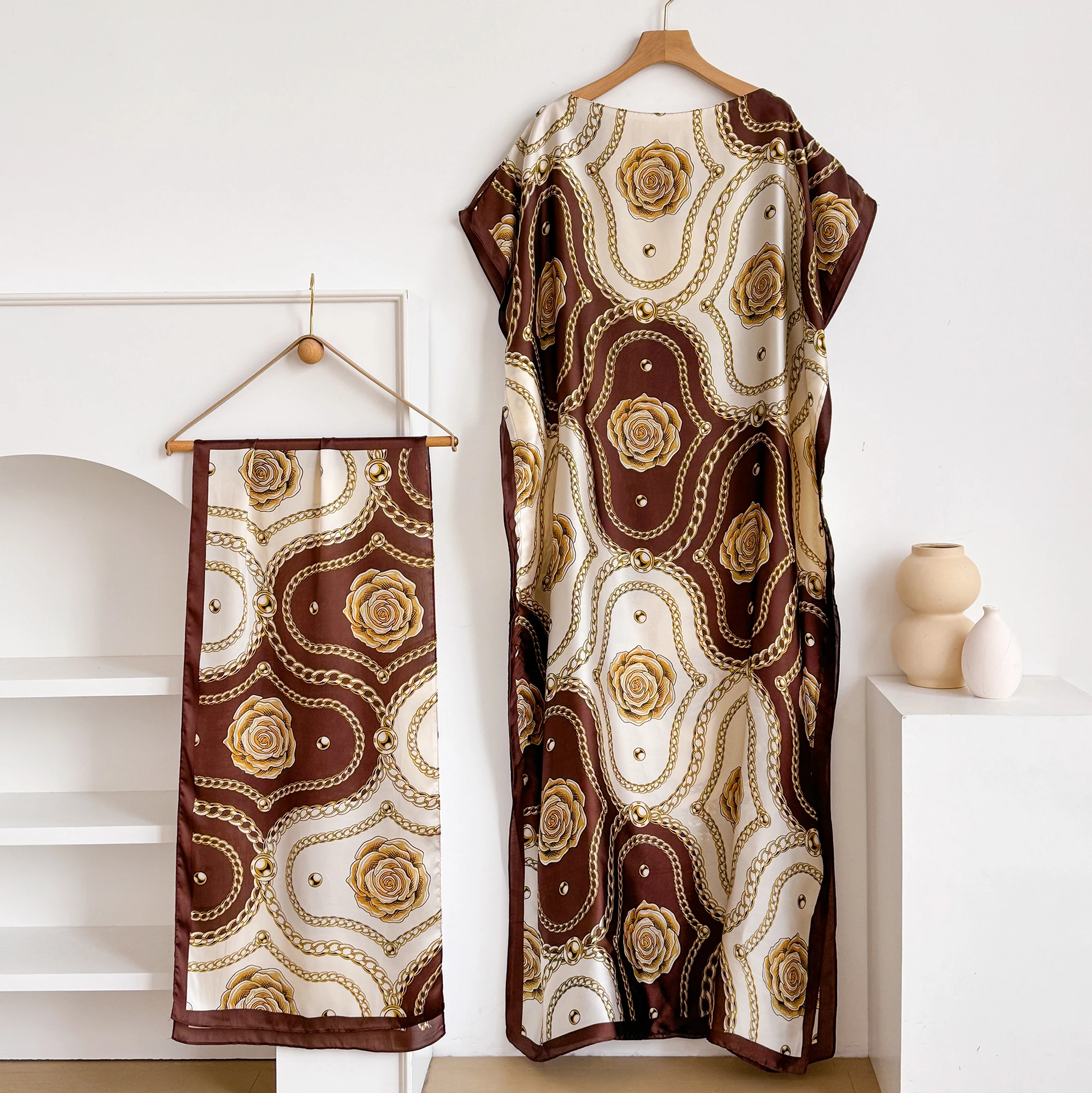 Robe d'été imprimée tendance avec grand foulard, Kaftan Dubaï Turquie, Abaya ample musulmane, Robe d