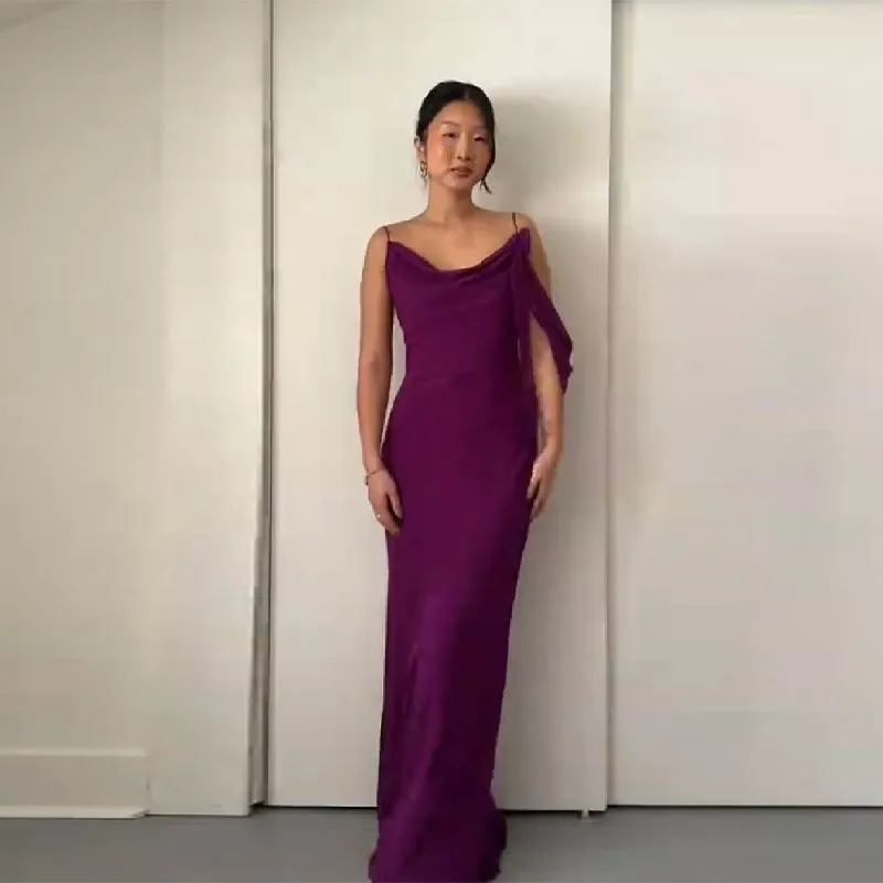 Robe longue en mousseline violette pour femme, collection été 2026, avec bretelles spaghetti, col dr