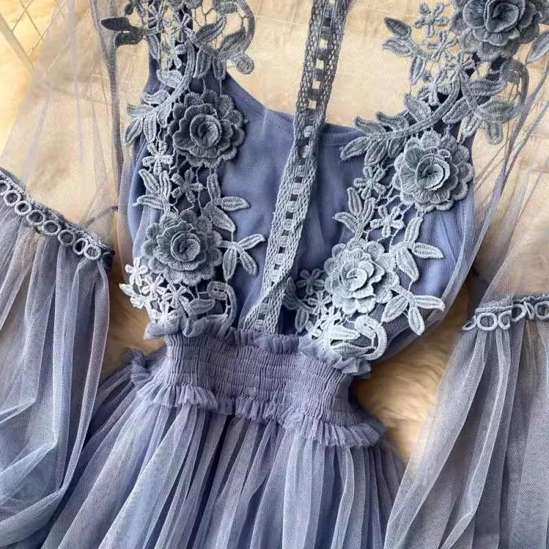 Robe longue en dentelle à fleurs et maille, manches lanternes, blanche, pour femmes, tenue de soirée