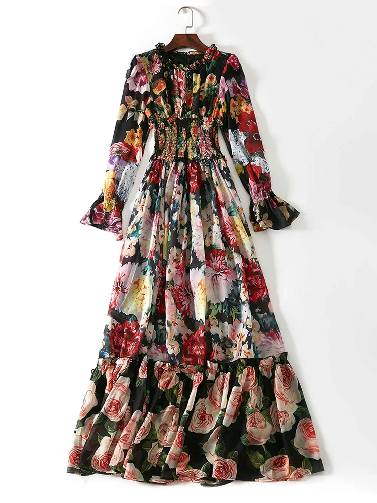 Robe d'été élégante en mousseline de soie pour femmes, imprimé floral, manches longues, col à volant