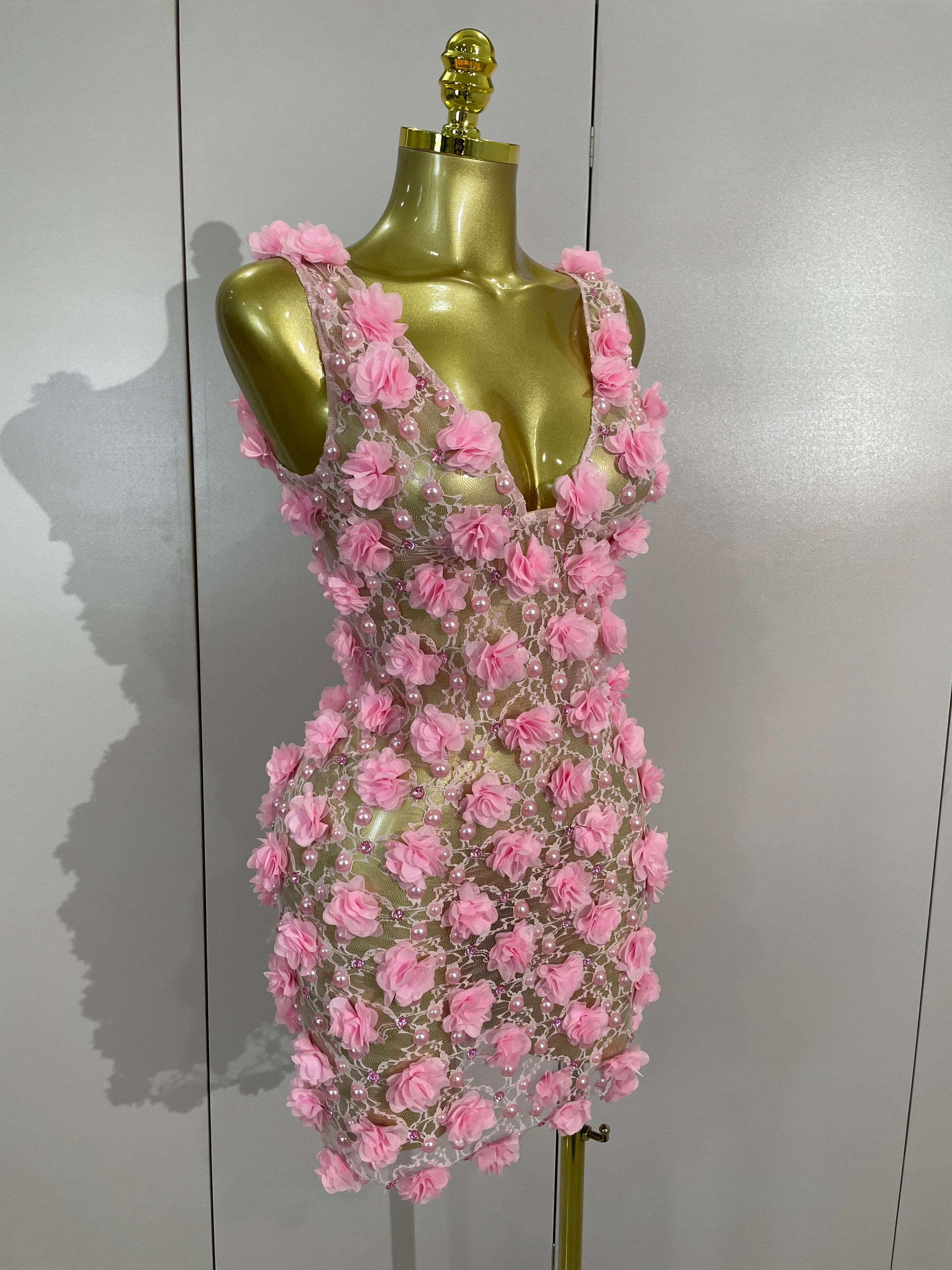 Robe de soirée pour femmes, robe de club, robe d'anniversaire, robe rose à fleurs en perles, robe en