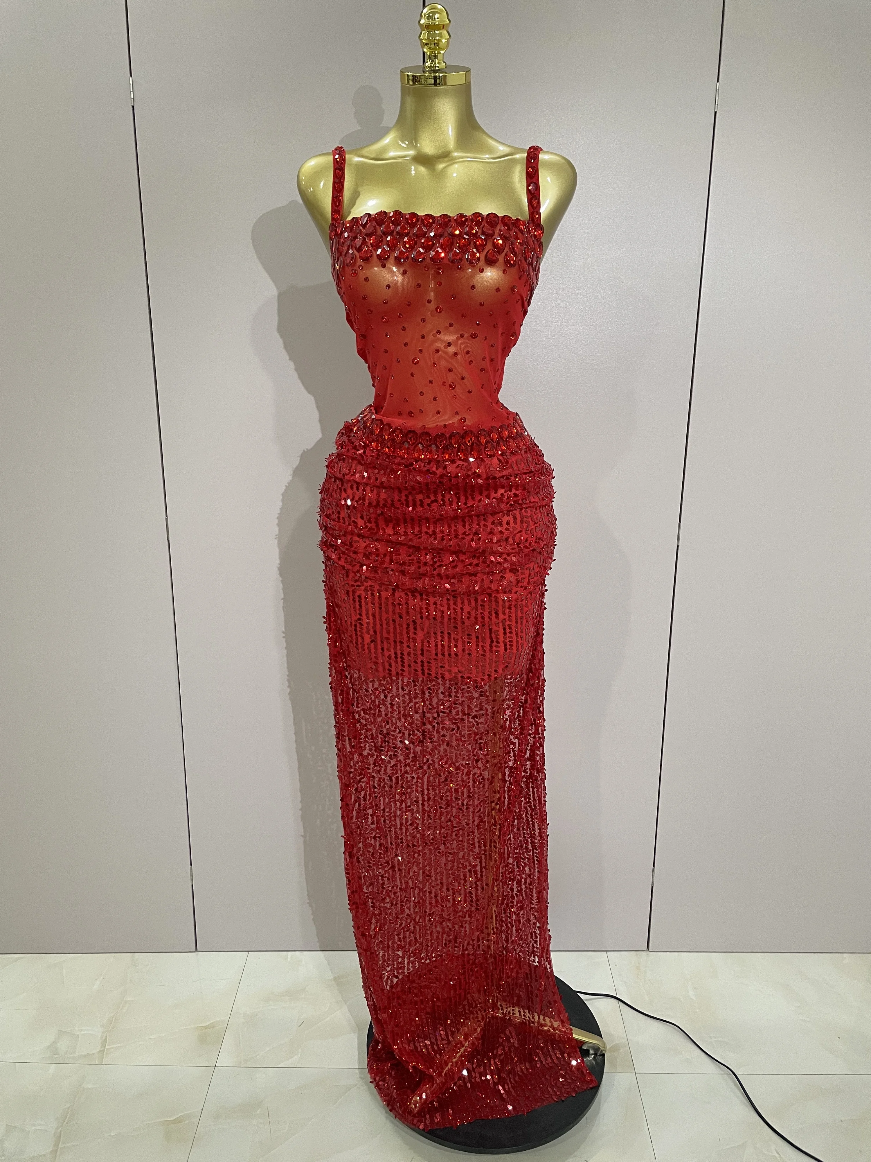 Robe longue 2 pièces transparente et sexy avec strass rouges scintillants et paillettes, pour femmes