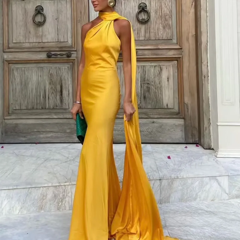 VEITCHE – robe longue en Satin de soie douce pour femmes, élégante, col licou, dos nu, sans manches,
