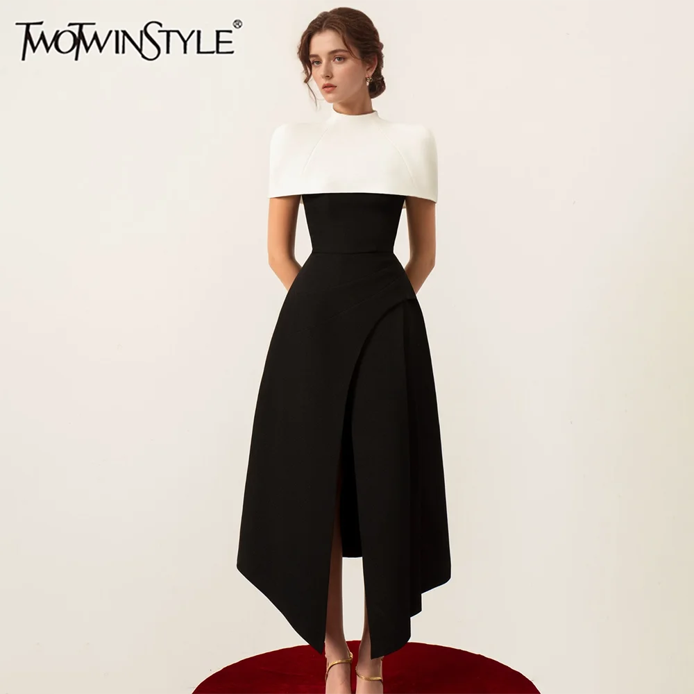 TWOTWINSTYLE détachable cape robes élégantes pour les femmes col carré sans manches taille haute hit