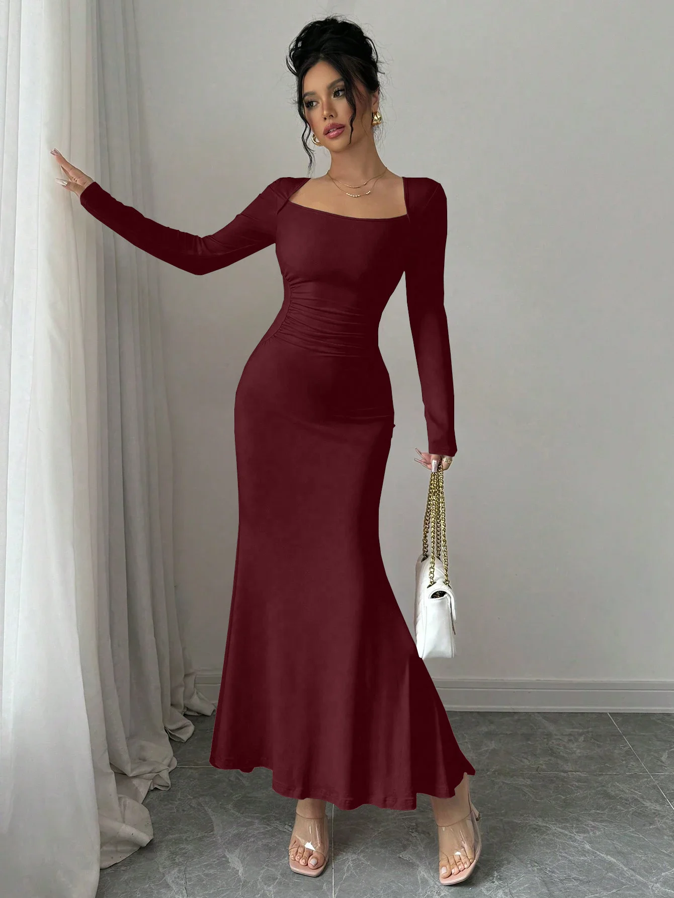 Robe quatre saisons pour femmes, nouveau Style, tempérament élégant, rétro, couleur unie, col carré,