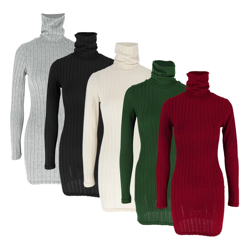 Nouvelles Robes Automne Hiver Femme Manches Longues Col Roulé Unies Sexy Moulantes Fourreau Mini Rob