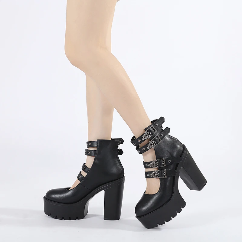 Gdgydh Style Goth femmes bloc talons pour Halloween mode boucle sangle robe pompes plate-forme Mary