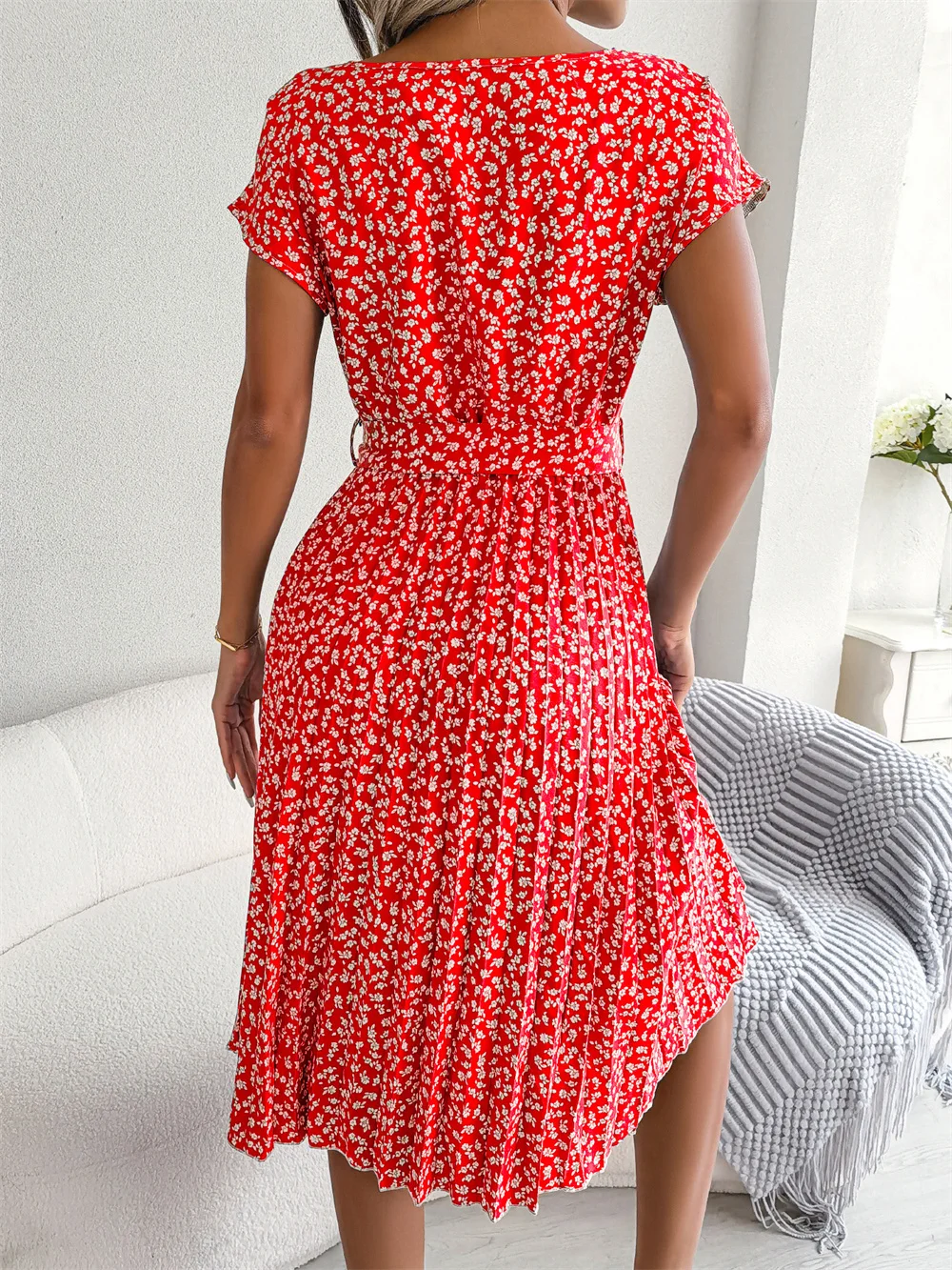 Robe longue plissée à fleurs pour femmes, manches courtes, taille haute, mode chic, printemps, été