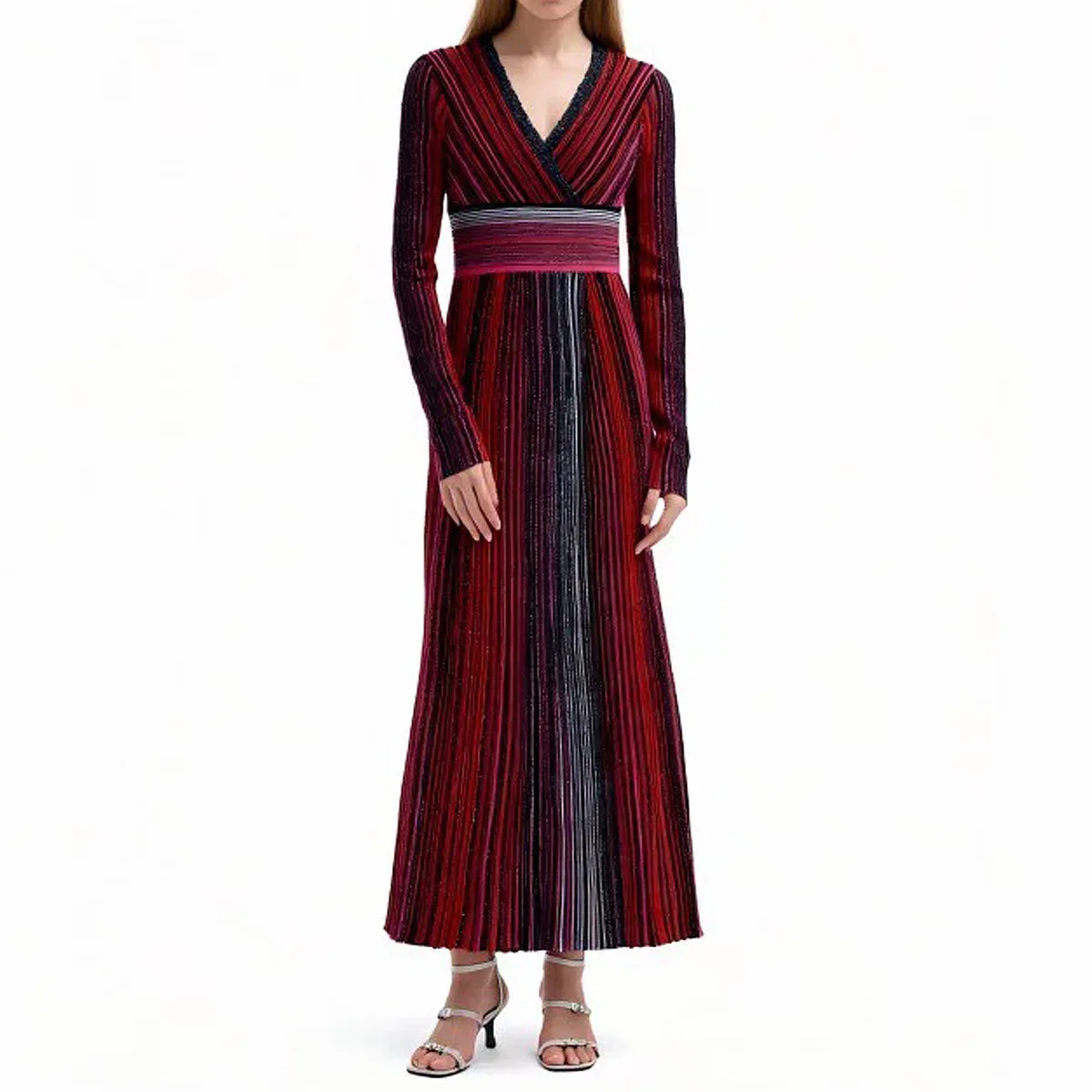 Robe longue trapèze en tricot rayé pour femme, nouveau Style élégant, Slim, ajusté, col en v, manche