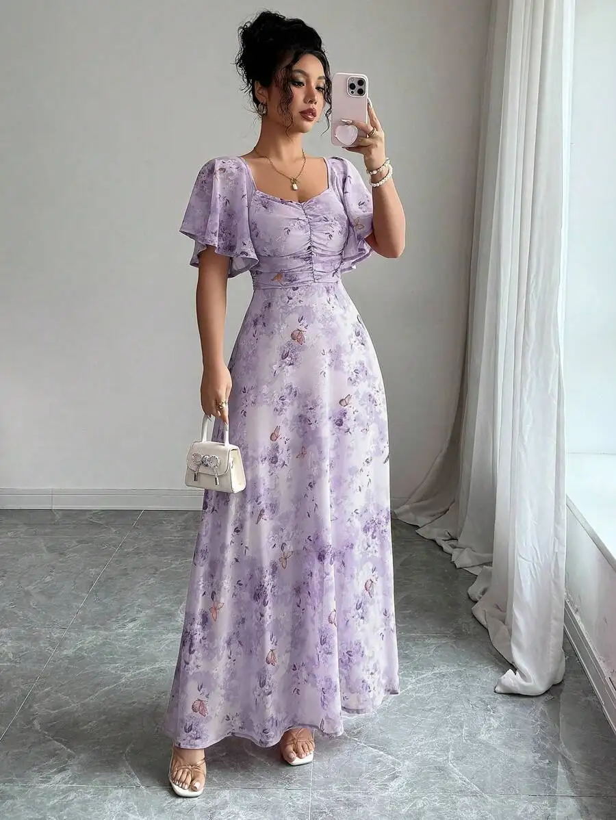 Mini robe de style français pour femmes, avec imprimé papillon violet, manches chauve-souris et ferm