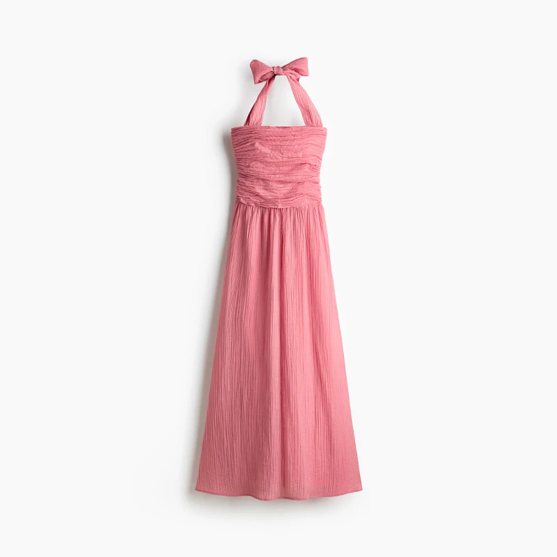 Robe longue rose à licou pour femme, sans manches, dos nu, froncée, élégante, pour soirée, nouvelle 