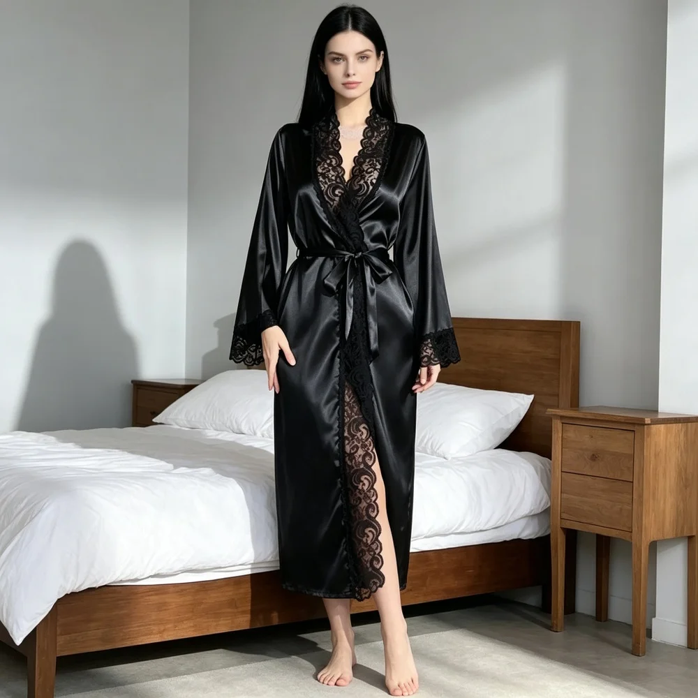Robe longue en satin pour femme, confortable, chaude, douillette, idéale pour se détendre, avec bord