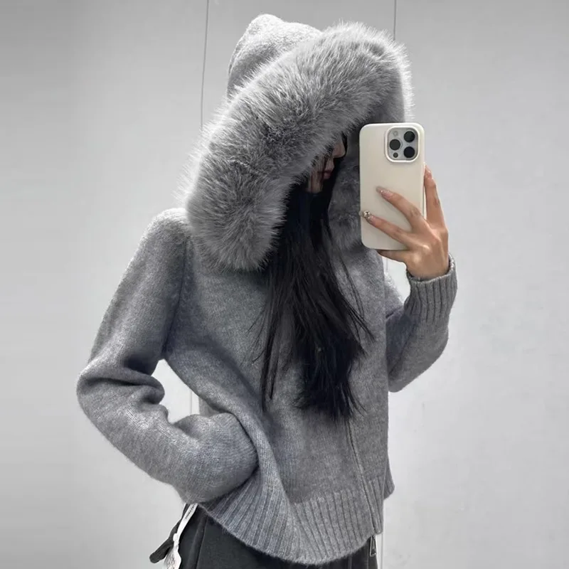 Tricots Cardigan femmes printemps mode tricoté veste femme automne à capuche réel manteau de fourrur