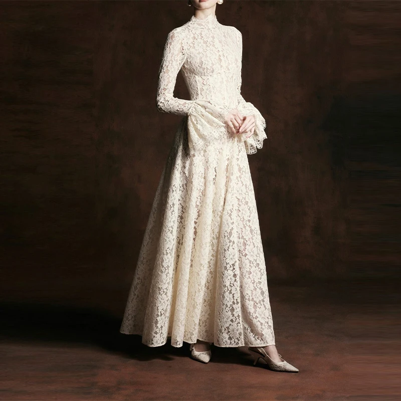 Robe longue élégante en dentelle française, style vintage et tendance, pour femme, idéale pour soiré