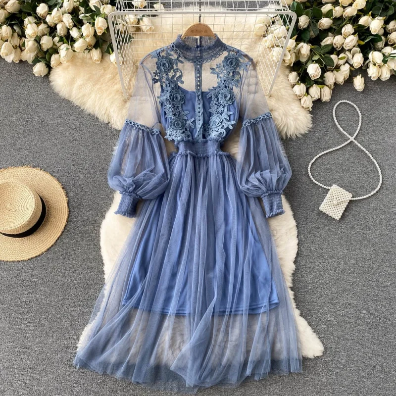 Robe longue en dentelle à fleurs et maille, manches lanternes, blanche, pour femmes, tenue de soirée