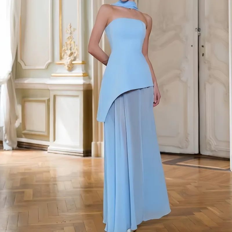 Robe de soirée élégante sans bretelles avec corset, jupe asymétrique en mousseline et châle – Robe d