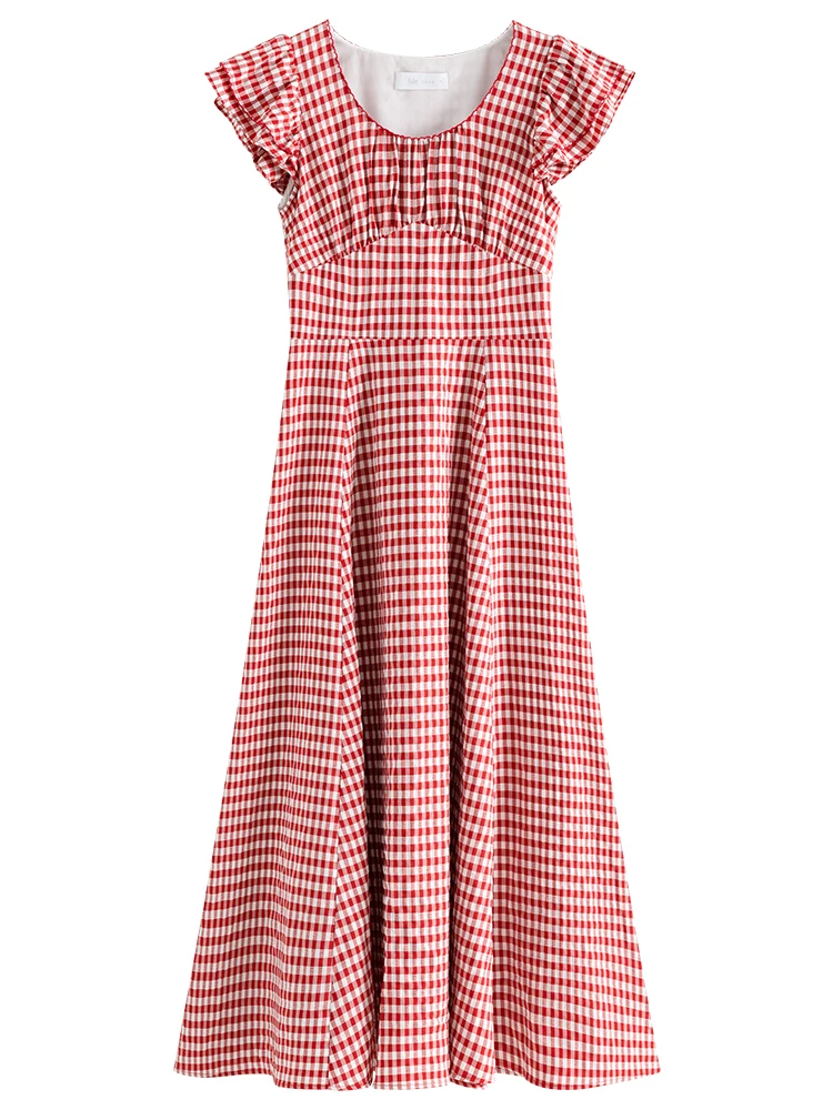 FSLE-Robe longue rouge à carreaux, taille haute, pour femme, tenue élégante et romantique, nouvelle 