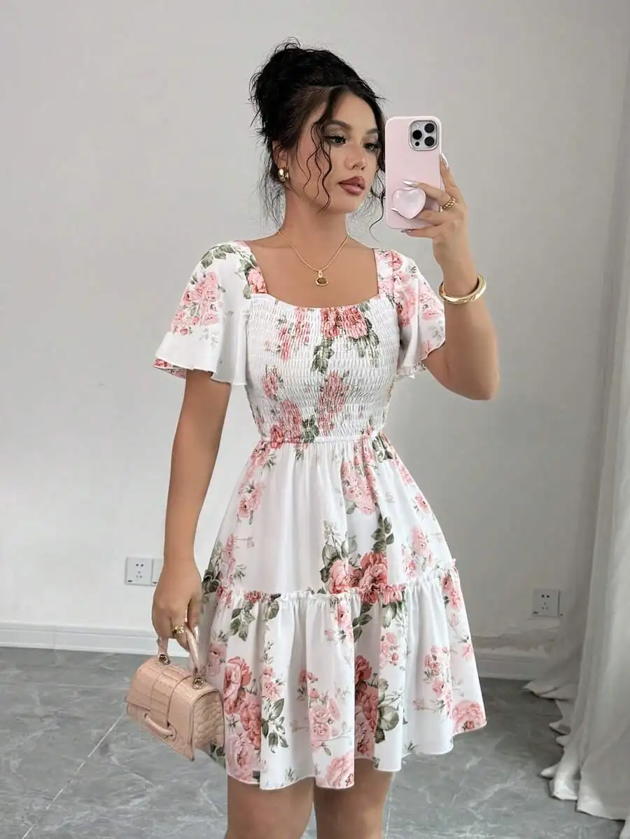 Robe décontractée à manches courtes pour femmes, imprimé floral, avec ceinture et ourlet à volants, 