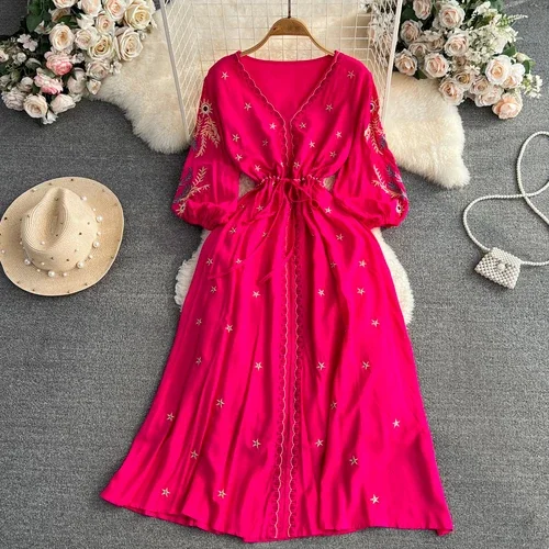 Robe bohème pour femmes, col en v, broderie florale, style ethnique, robes trapèze, vacances, plage,