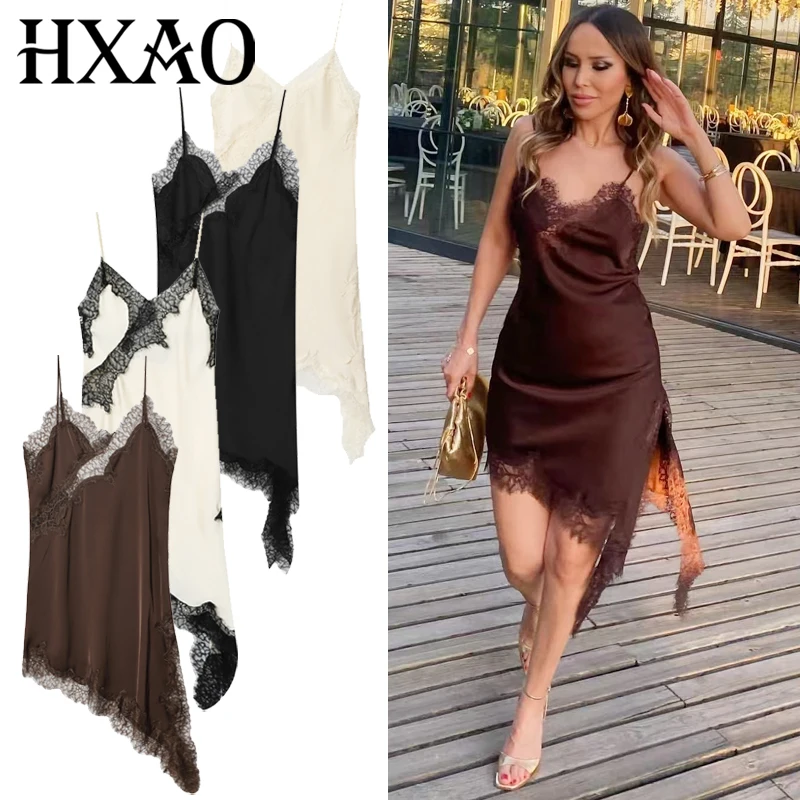 HXAO femmes robes dentelle asymétrique robe d'été 2025 Sexy robes de soirée dames Mini marron sans m