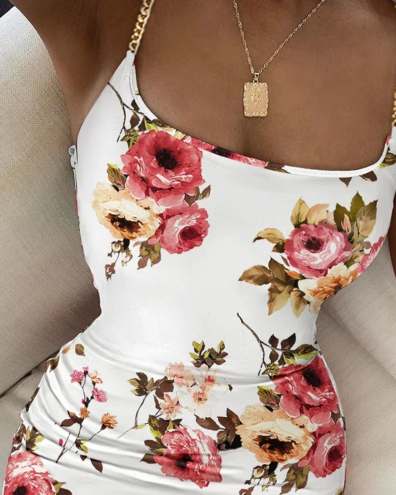 JODecor-Robe moulante à imprimé floral pour femmes, bretelles spaghetti, batterie, élégante, sexy, é