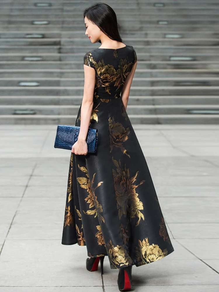 Robe Jacquard Vintage Élégante pour Femmes avec une Silhouette Maxi Évasée Cintrée à la Taille, Idéa