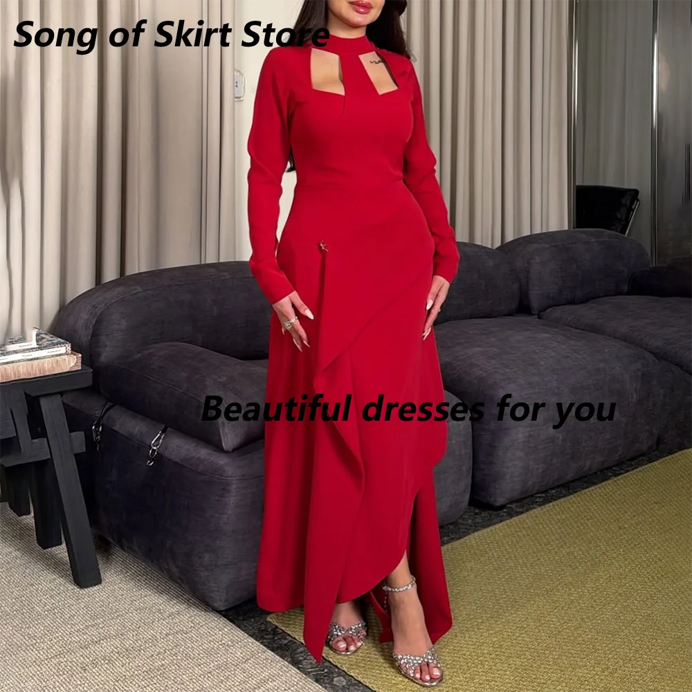 Robe de soirée rouge moderne personnalisée, col haut, manches longues, style sirène, longueur chevil