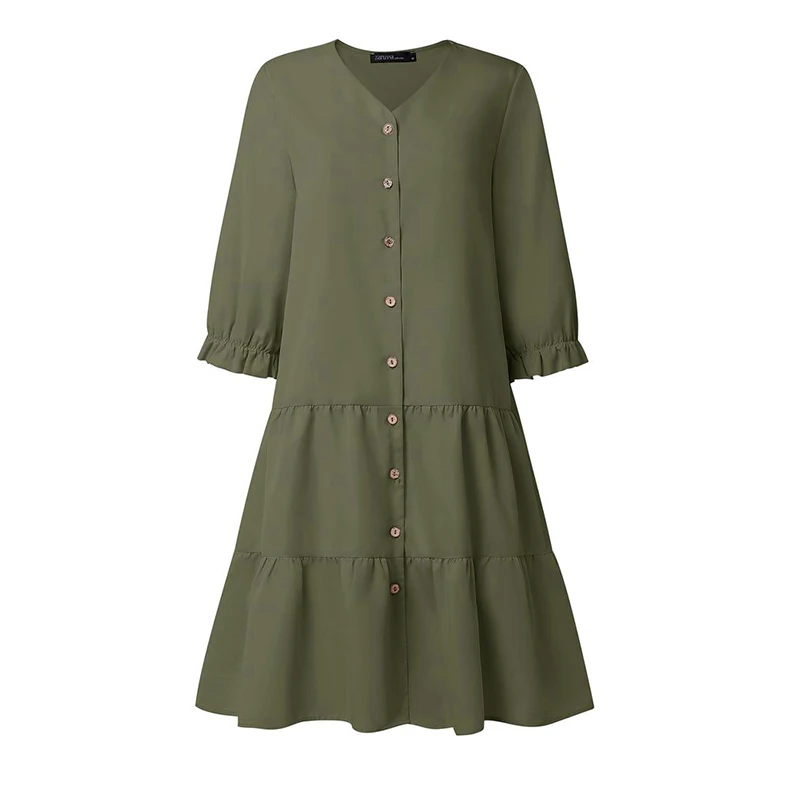 ZANZEA Robes décontractées minimalistes à volants pour femmes, manches 3/4 bouffantes, boutonnées, c