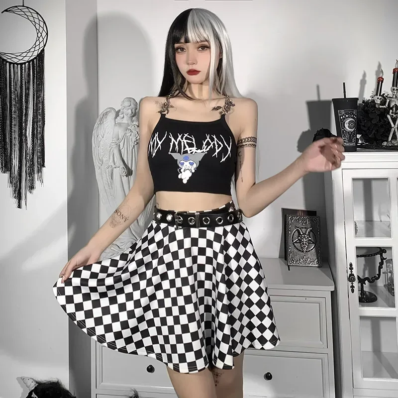 Jupe Sexy taille haute en été, gothique, Y2k, Harajuku, fille foncée, contraste, couture à carreaux
