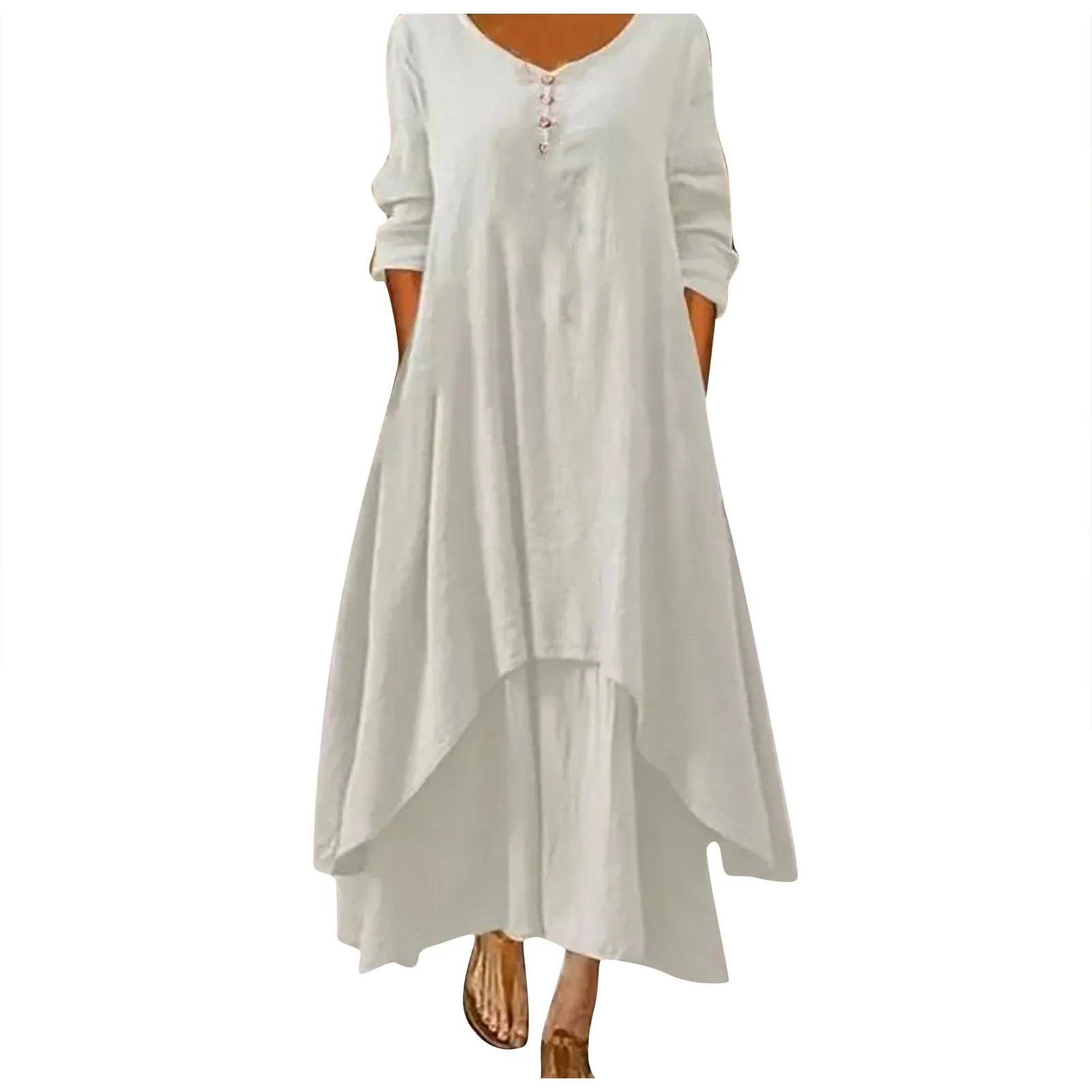 Robe longue en coton pour femmes, décontractée, à la mode, avec boutons, couleur unie, pour document