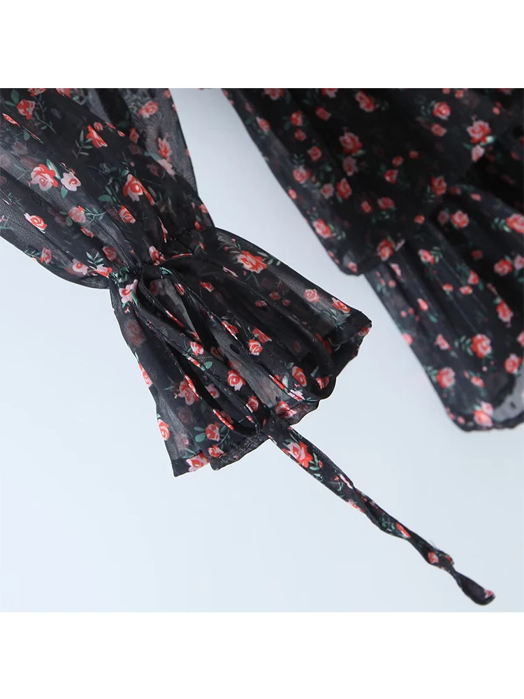 YENKYE automne mode femmes Vintage imprimé fleuri robe en mousseline de soie Sexy Semi-transparent à