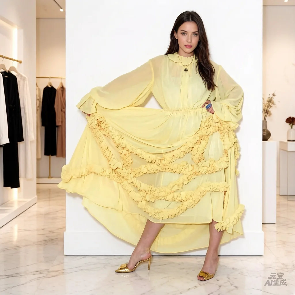 Robe mi-longue en mousseline jaune pastel à col montant et manches cloche, à volants superposés, sty