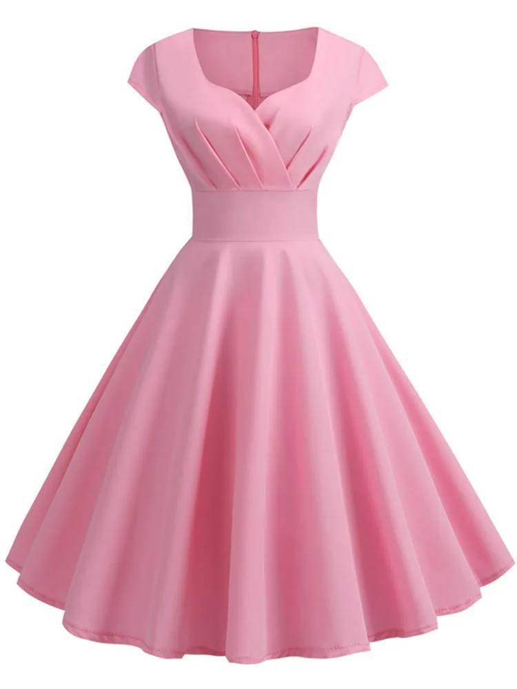 Robe d'été rose pour femmes, col en V, Vintage, élégante, rétro, pin up, fête, bureau, robes mi-long