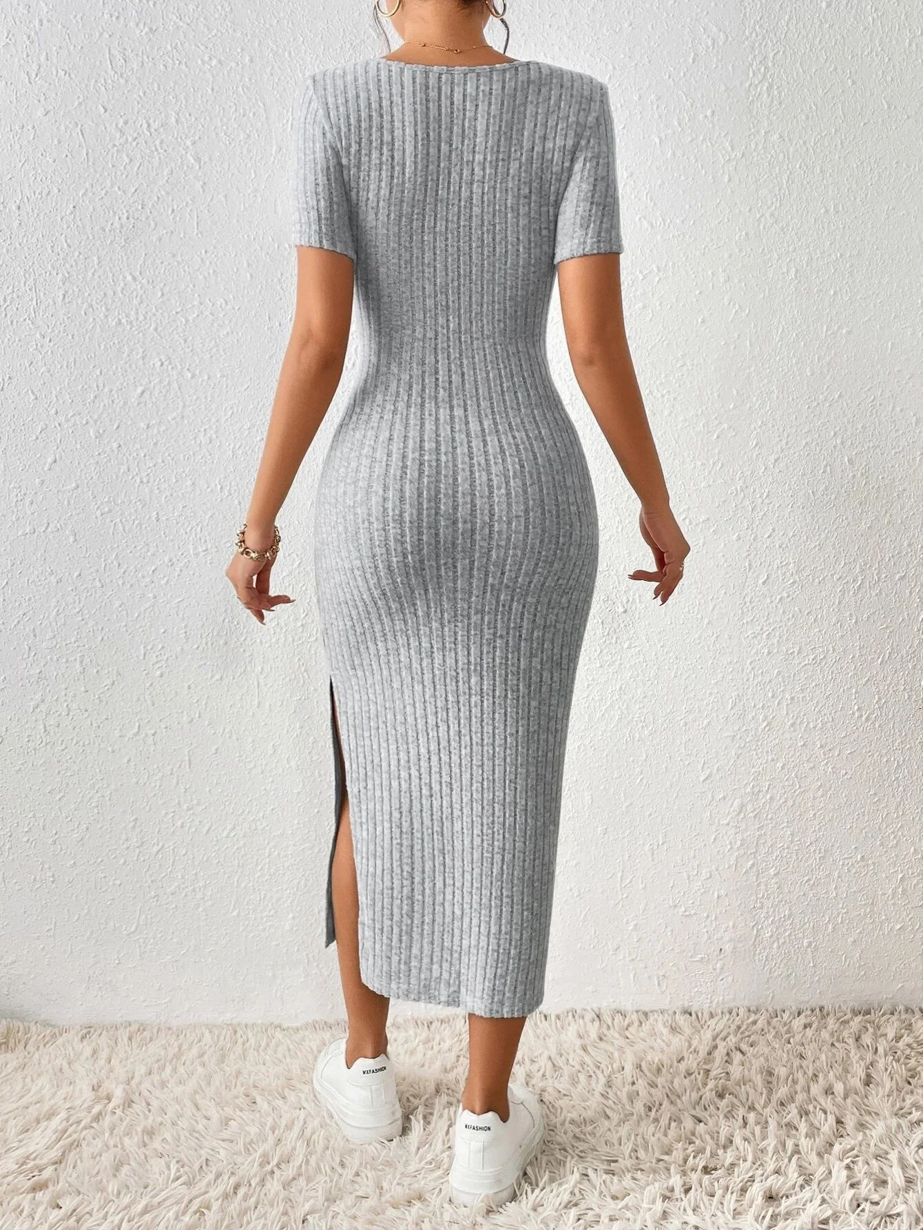 Robe tricotée pour femme, style printemps-été, décontractée, à manches courtes, col carré, fente lat