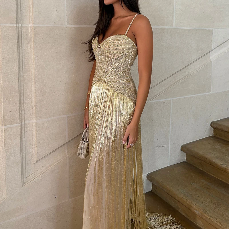 Robe portefeuille Sexy sans manches à franges creuses, dos nu, coupe cintrée, à paillettes brillante