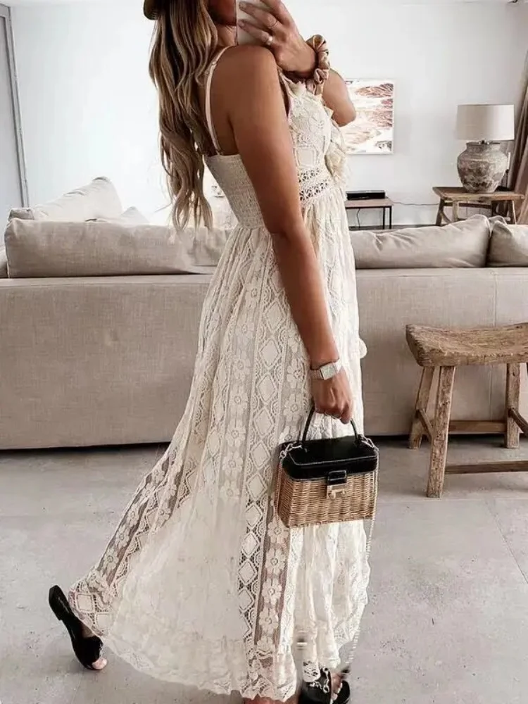 Robe longue en dentelle sans manches pour femmes, mode d'été, Sexy, plage, vacances, col en V, ajour