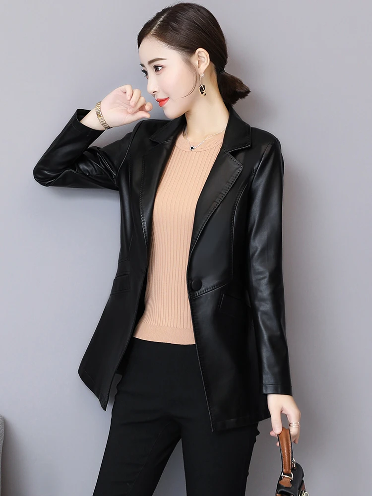 Nouveau Femmes Veste en cuir Automne Hiver Mode Classique Bouton unique Slim Blazer en cuir de mouto