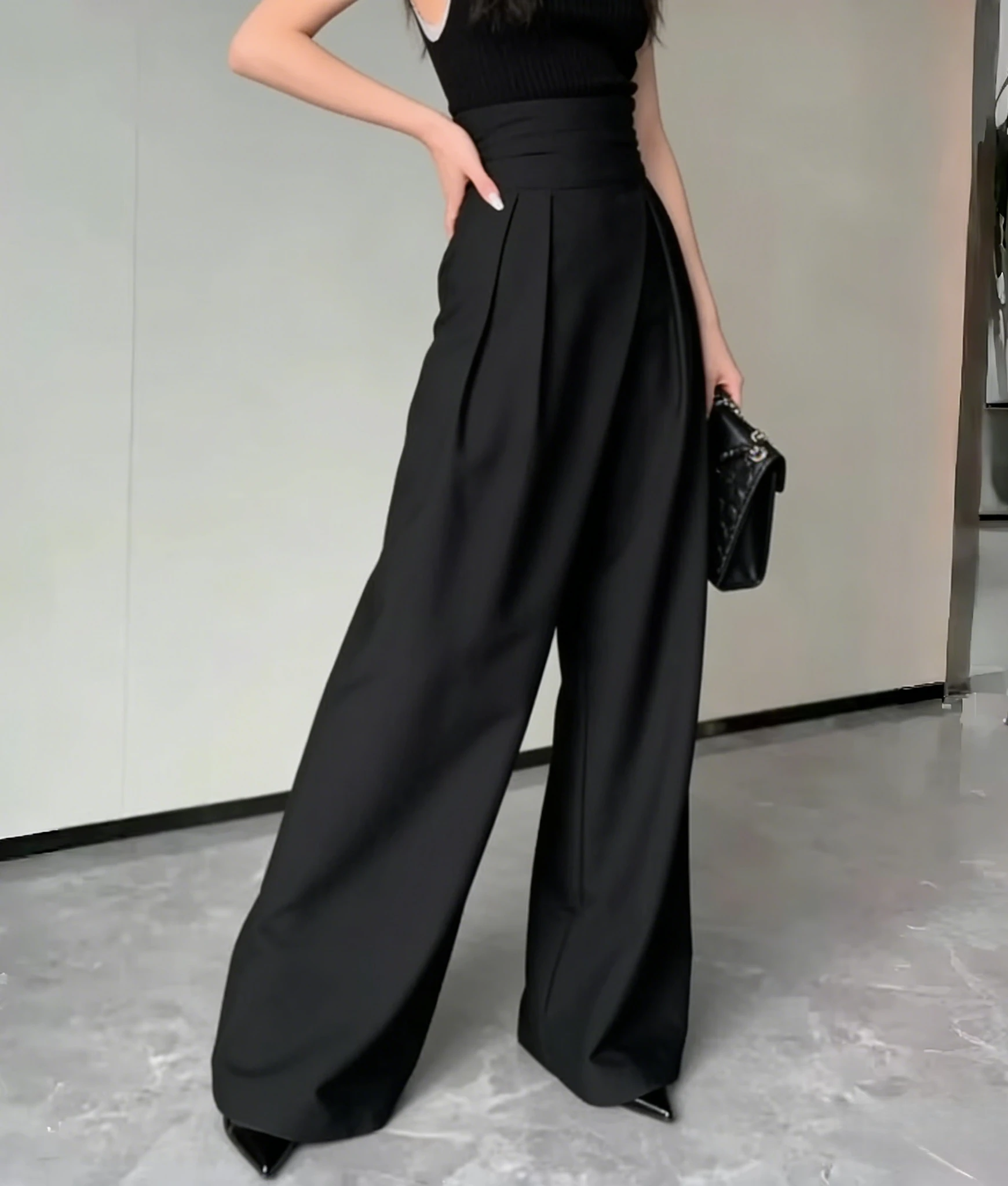 Nouveau pantalon noir pour femme, printemps-été, décontracté, taille haute, coupe large, style taill