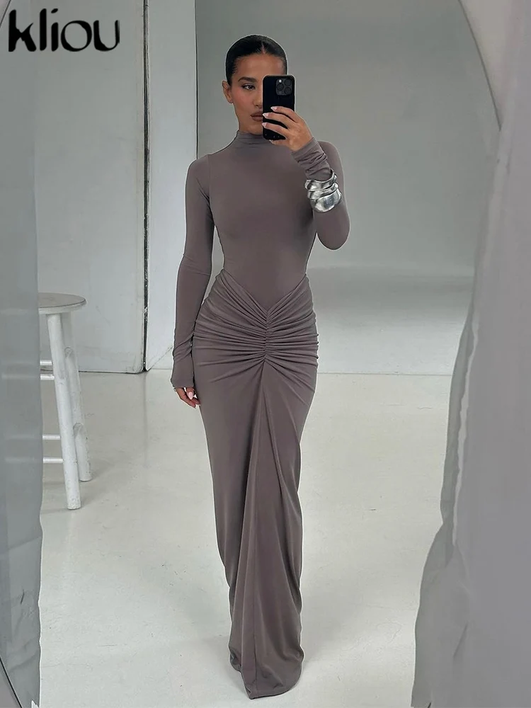 Kliou froncé femmes classique Robe Maxi automne nouveau solide à manches longues col haut moulage du