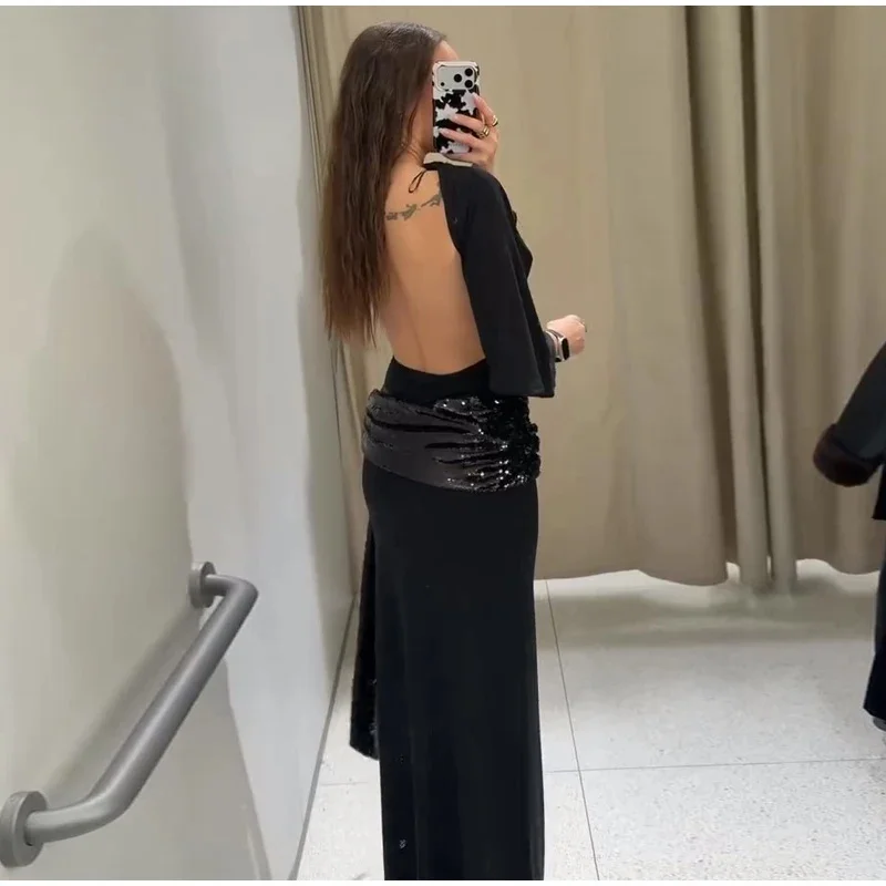 Robe Maxi en Patchwork de paillettes pour femmes, dos nu, élégante, manches larges, longue, nouvelle