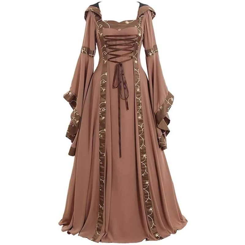 Robe maxi médiévale vintage à capuche, col carré, manches cloche, jupe évasée en dentelle